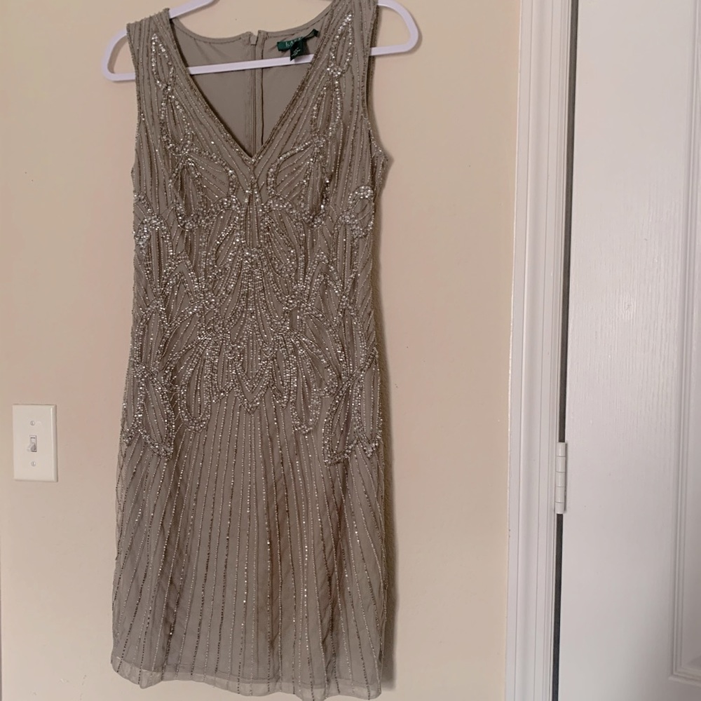 Ralph Lauren Beaded Champagne Cocktail Dress Sz 4